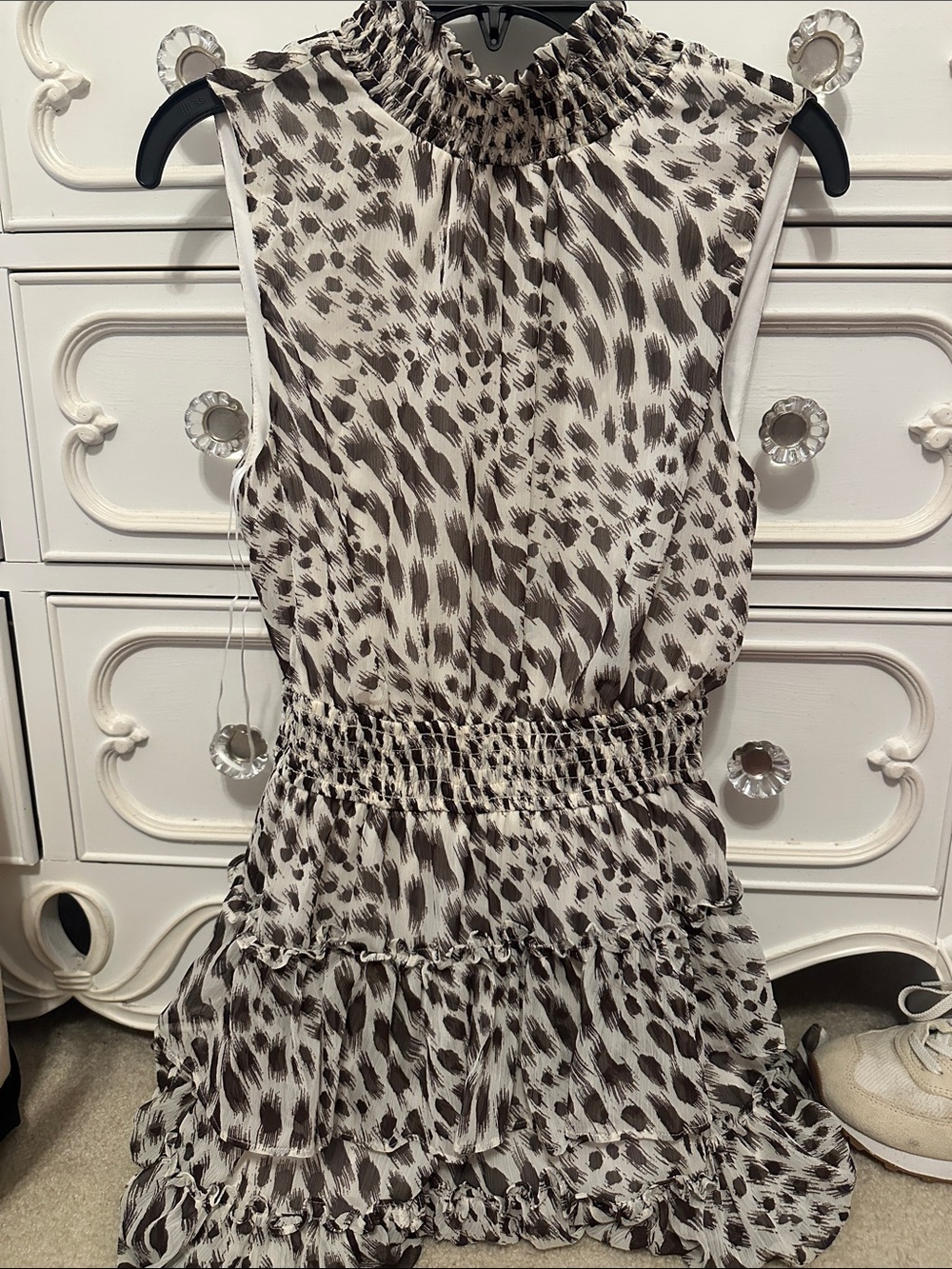 Express Brown and Cream Smocked Neck Animal Print Dress